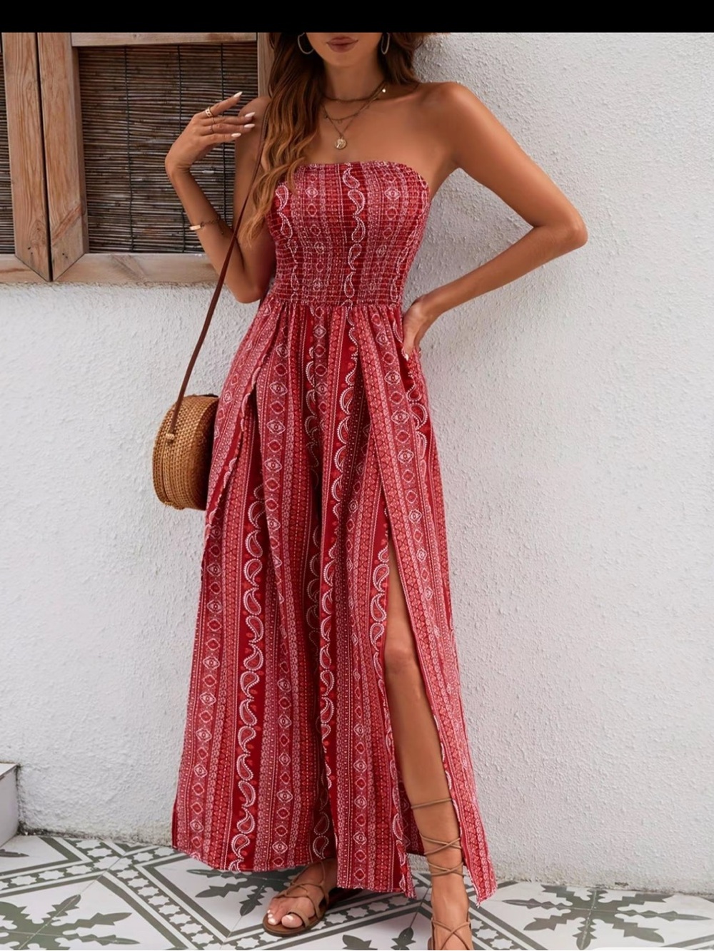 Strapless Red Boho Jumpsuit with Side Slits